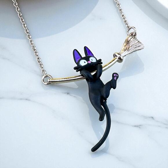 Kiki’s Delivery Service Jiji Cat Necklace Studio Ghibli Style Broomstick Spinner - Picture 1 of 6